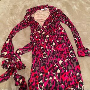 Diane Von Furstenberg Pink & Black Leopard Wrap Dress